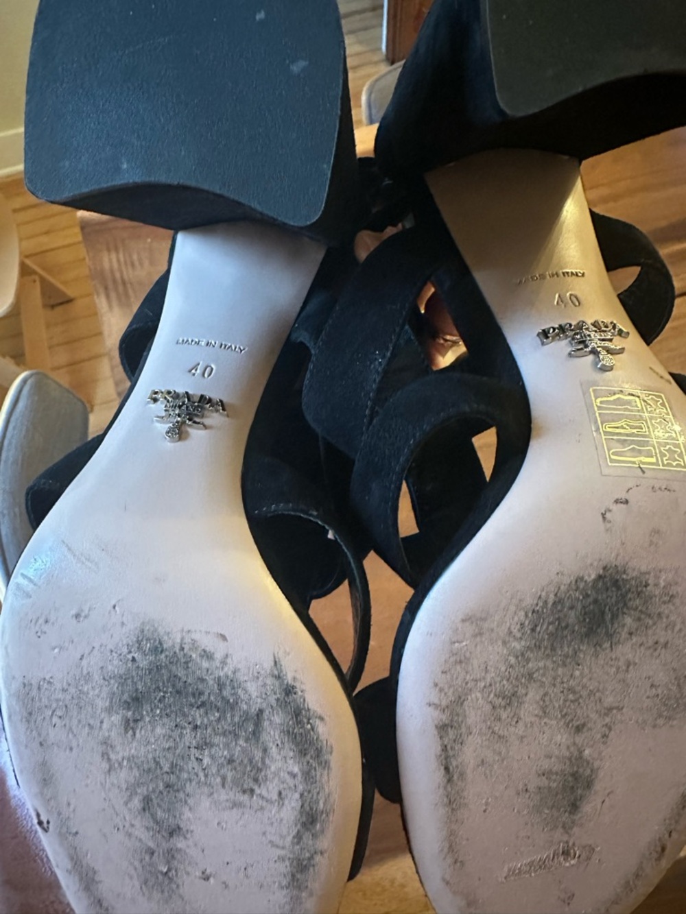 PRADA Black Suede Block Heel Cage Sandal, 85mm - Picture 6 of 8